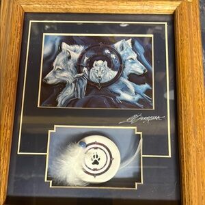 Framed Wolf Art with Feather Accent